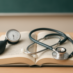 A stethoscope and a blood pressure gauge resting on an open book in a classroom setting.