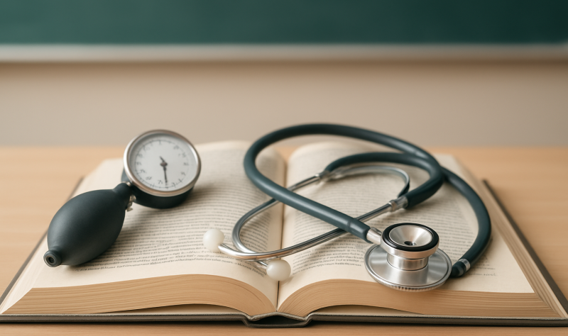 A stethoscope and a blood pressure gauge resting on an open book in a classroom setting.