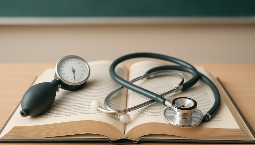 A stethoscope and a blood pressure gauge resting on an open book in a classroom setting.