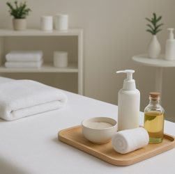 A neatly arranged massage setup with towels, oils, and other supplies on a table in a calm environment.