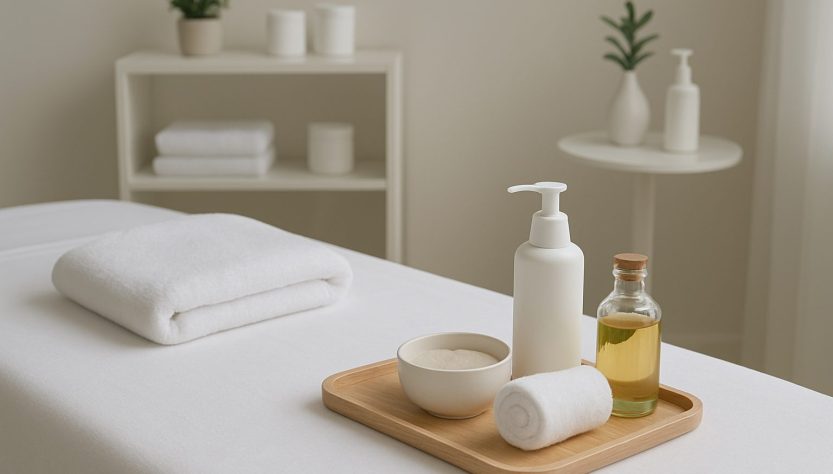 A neatly arranged massage setup with towels, oils, and other supplies on a table in a calm environment.
